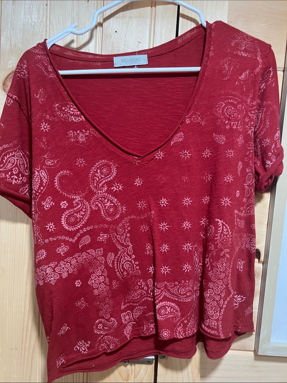 Bagatelle Red Paisley V-Neck Short Sleeve Tee